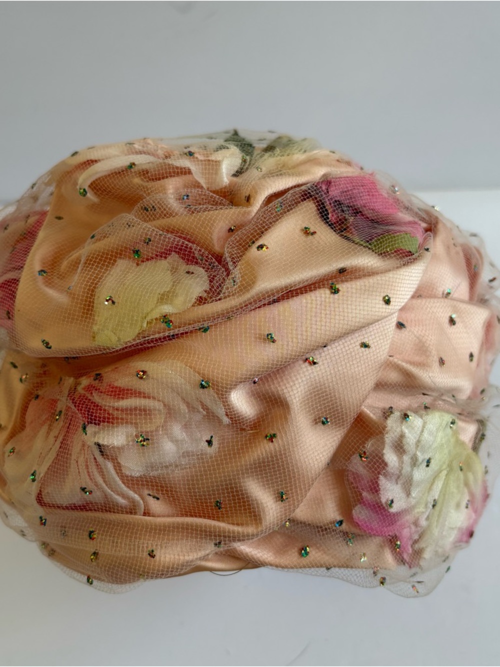 Vintage Christian Dior Chapeaux Floral Union Made Peach Pink Hat Satin Net - Picture 4 of 8
